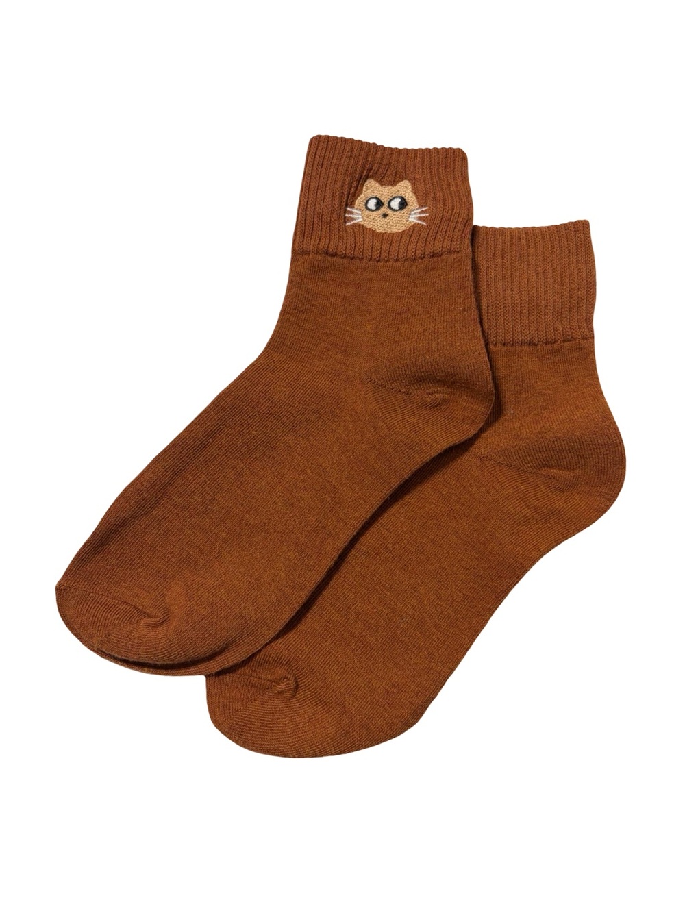 Cat Embroidered Low Crew Socks Rust Brown Women’s One Size Sz OS Animal Socks